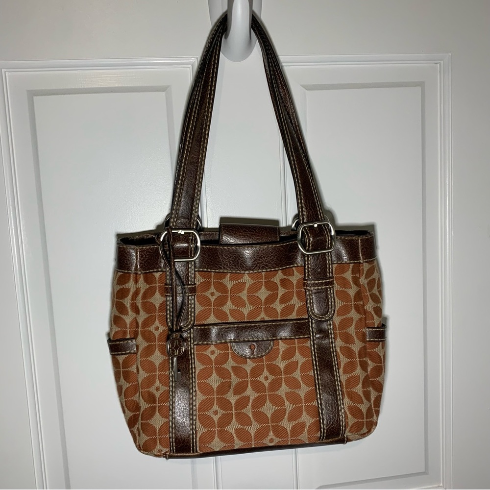 Fossil brown patterned purse y2k bag leather canvas printed medium classy